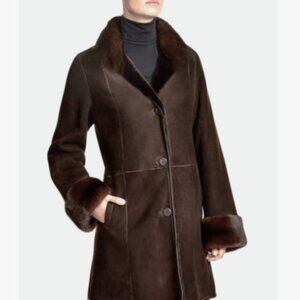 Excellent MARCO GIANOTTI Genuine Shearling Coat with Fur Trim Dark Brown Size L